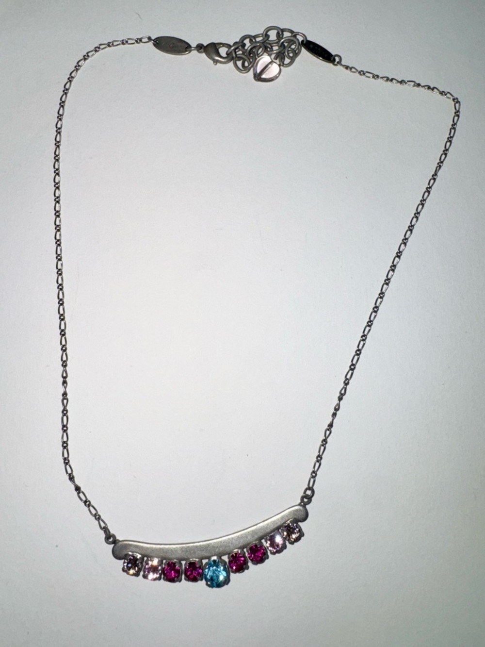 Sabika Sterling Curved Bar Necklace with Pink and Blue Stones